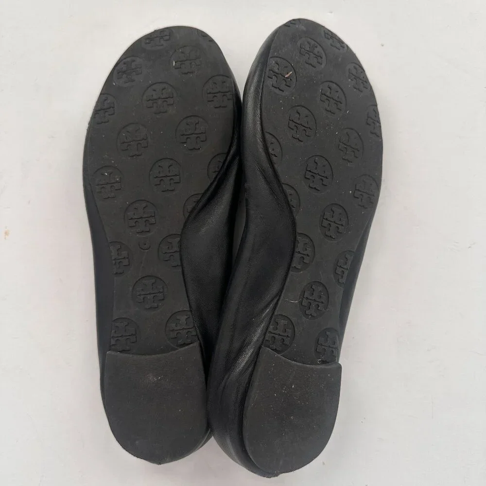 Tory Burch Classic Minnie Leather Travel Ballet Flat Black and Silver Size 7